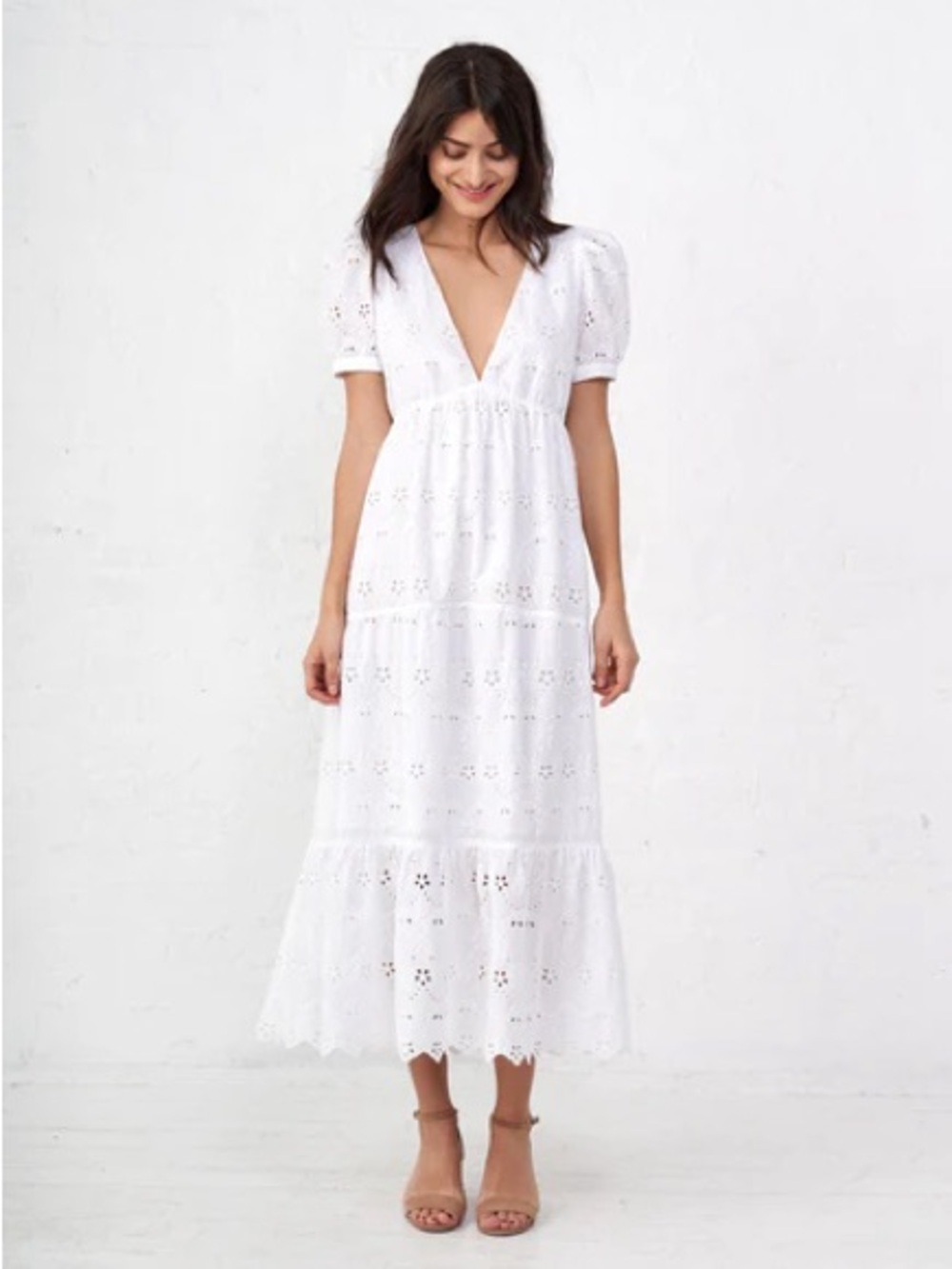 La Ligne White Eyelet V-Neck Puff Sleeve Dress